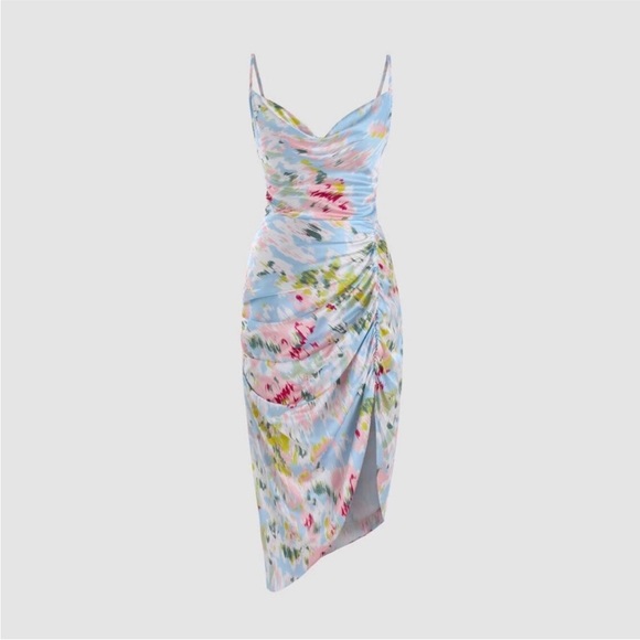 Cider Asymmetrical Floral Dress - Light Blue and Pink - Picture 1 of 9